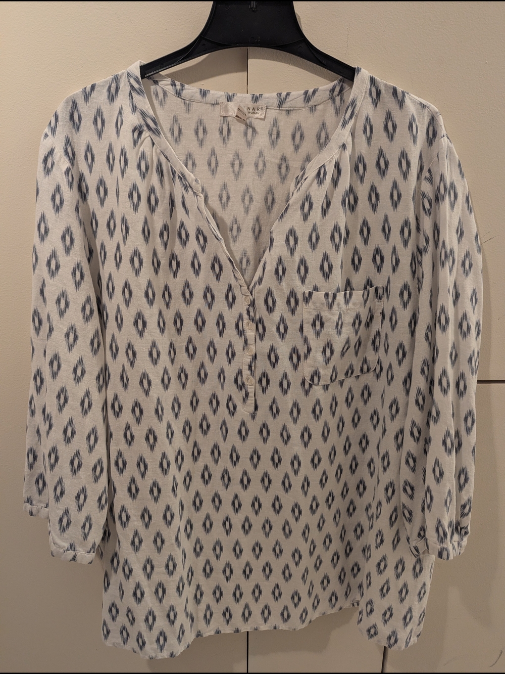 Kenar Cream Tunic with Navy Diamond Ikat Motif Size 3X